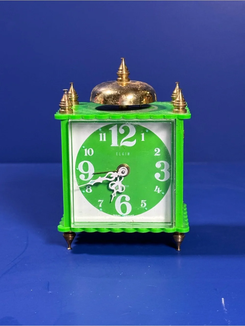 Vintage Elgin Alarm Clock – West Germany – Works – Mini 4” - Green w Gold Accent